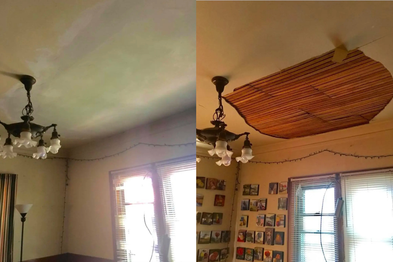 A room with two different ceilings and one ceiling is missing.